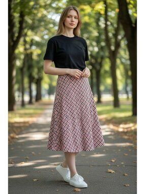 Talbots Womens Size 4 Wool Blend Plaid Button-Front Midi Skirt In Pink & Orange